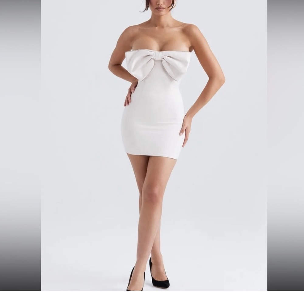 House of CB NEW Ariella Ivory Satin Crystal Embellished Bow Dress